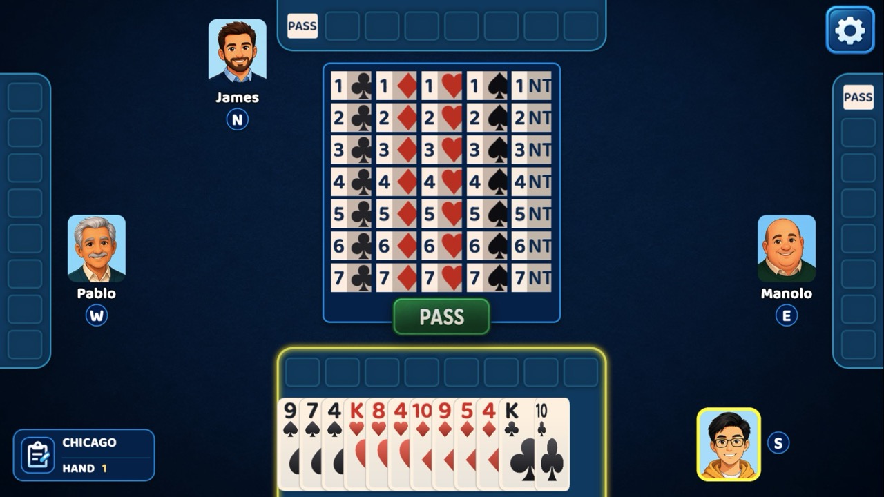 Bridge Club bidding table showing a player's hand and the available suit and no-trump contracts